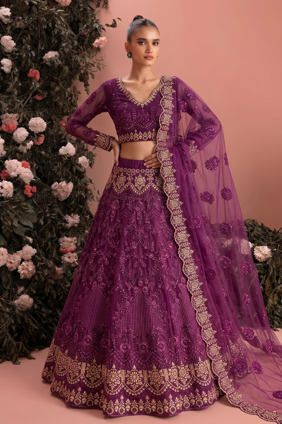 Dark Magenta Net Long Sleeves Lehenga Choli for Wedding Guest with Thread and Sequins Embroidery Work