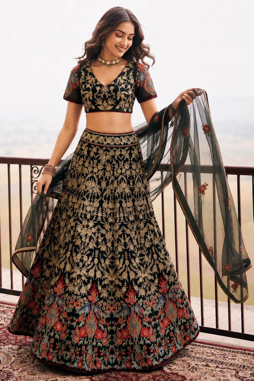 Woman wearing a dark green wedding reception lehenga  holding dupatta with embroidery work, short sleeve V neck net choli, full-length front view.