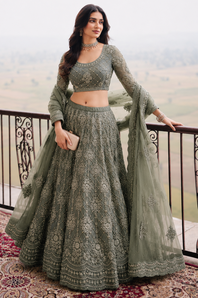 A woman models a traditional Indian lehenga choli set in sage green with intricate embroidery, standing on a balcony with a scenic landscape in the background.
