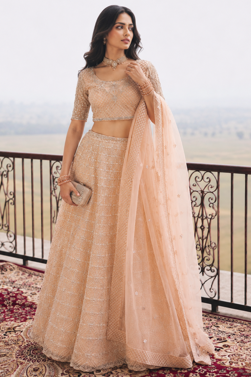 Lady standing in a peach lehenga choli and holding purse