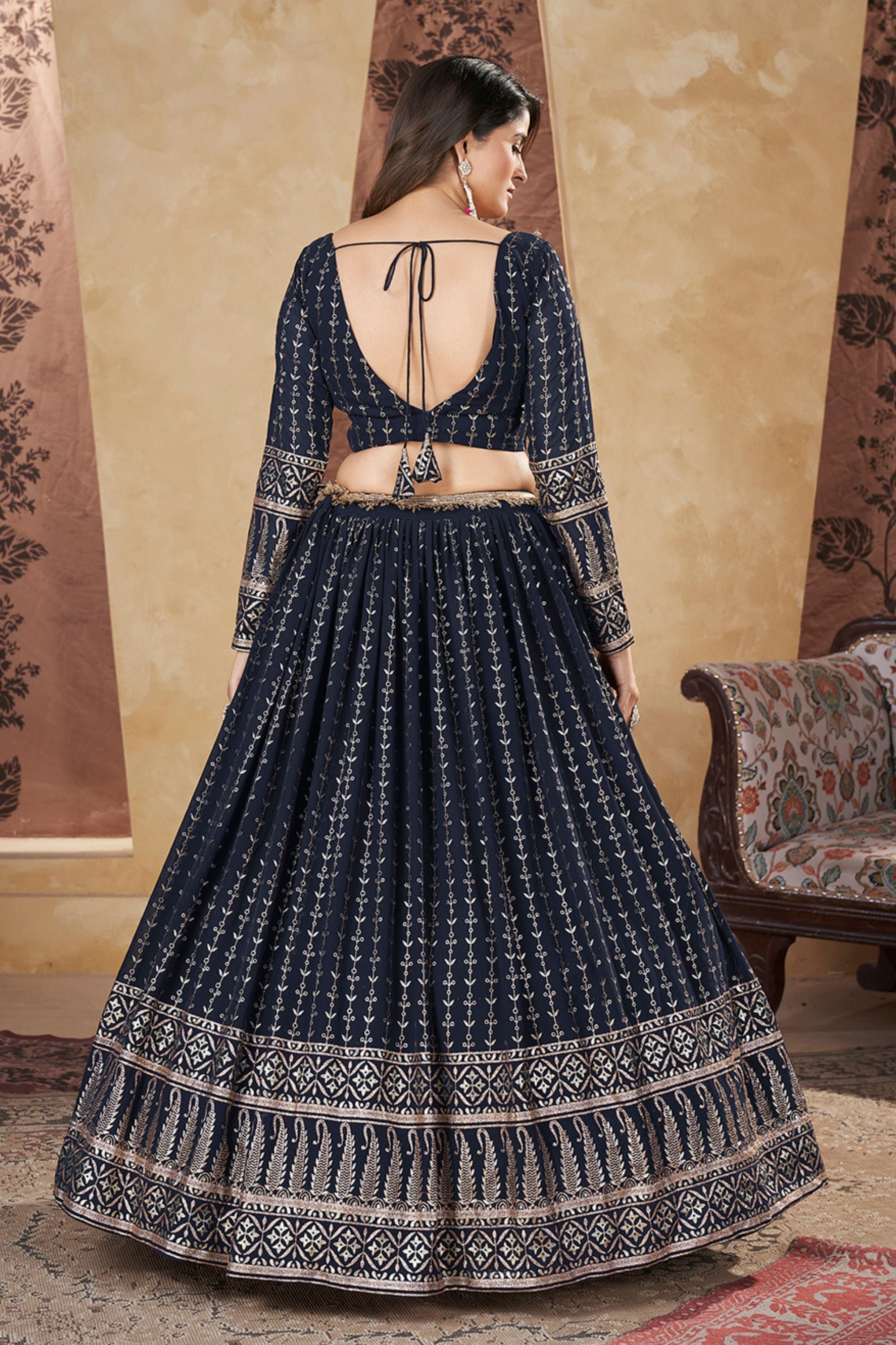 Navy Blue Georgette Lehenga Choli For Indian Festivals & Weddings - Thread Embroidery Work, Foil Mirror Work