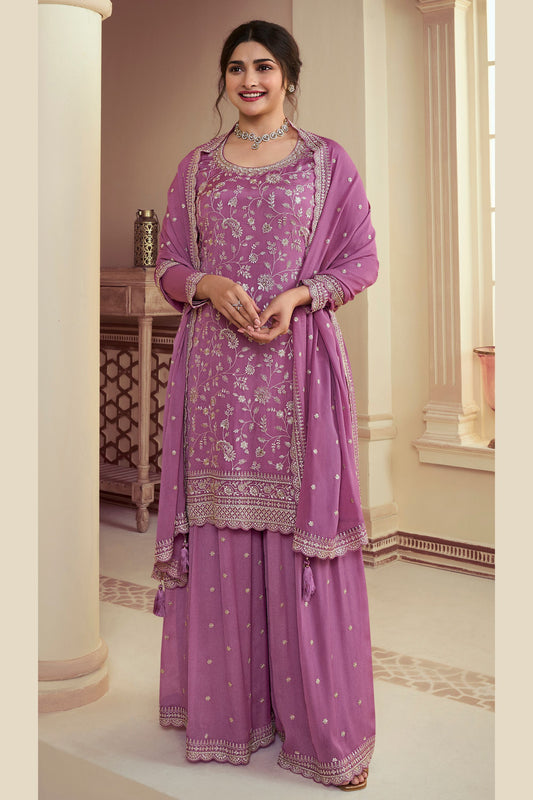 Purple Mauve Chinon Silk Palazzo Suit For Indian Festivals & Pakistani Plazo Wedding Dress - Embroidery Work