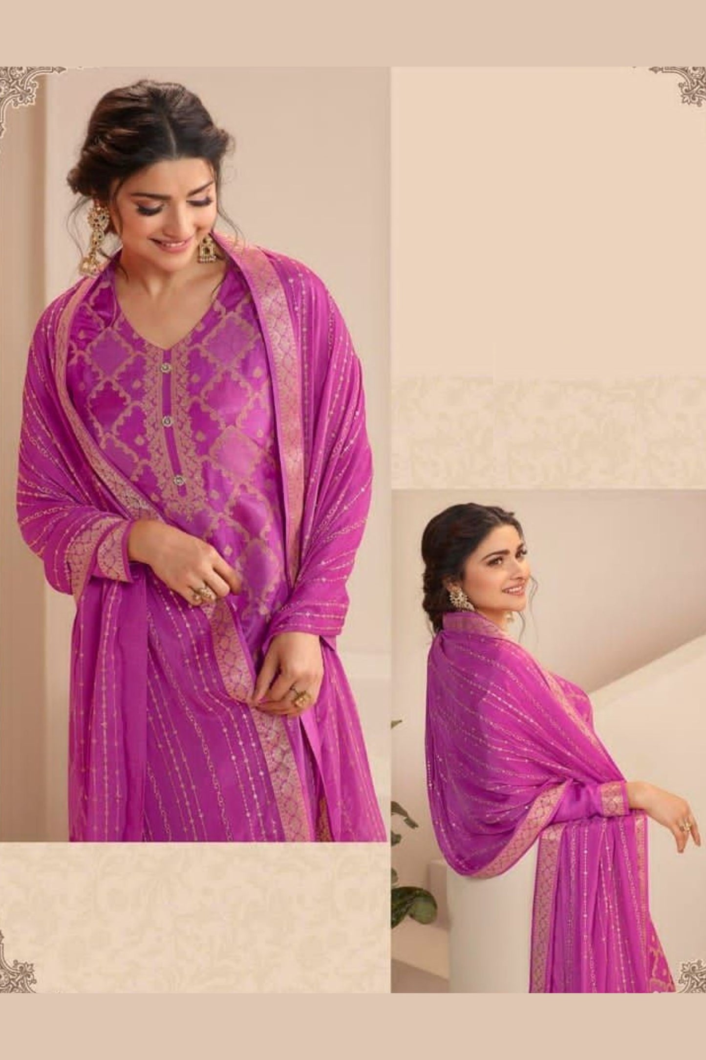 Magenta Zari Dola Jacquard Salwar Kameez Suit For Indian Festivals & Pakistani Weddings Dress