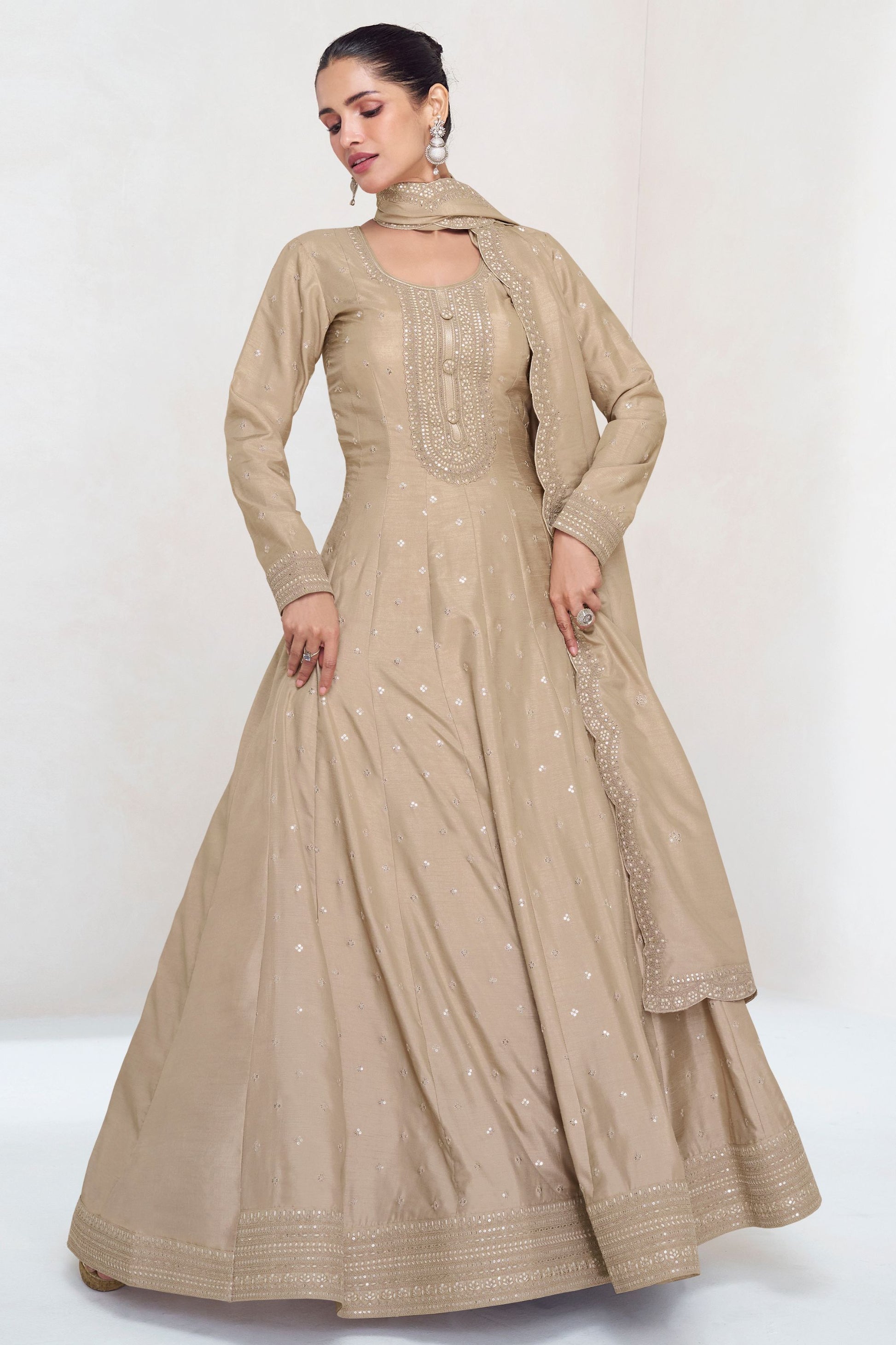 Beige Silk Anarkali Gown Suit For Indian Festivals & Weddings - Embroidery Work