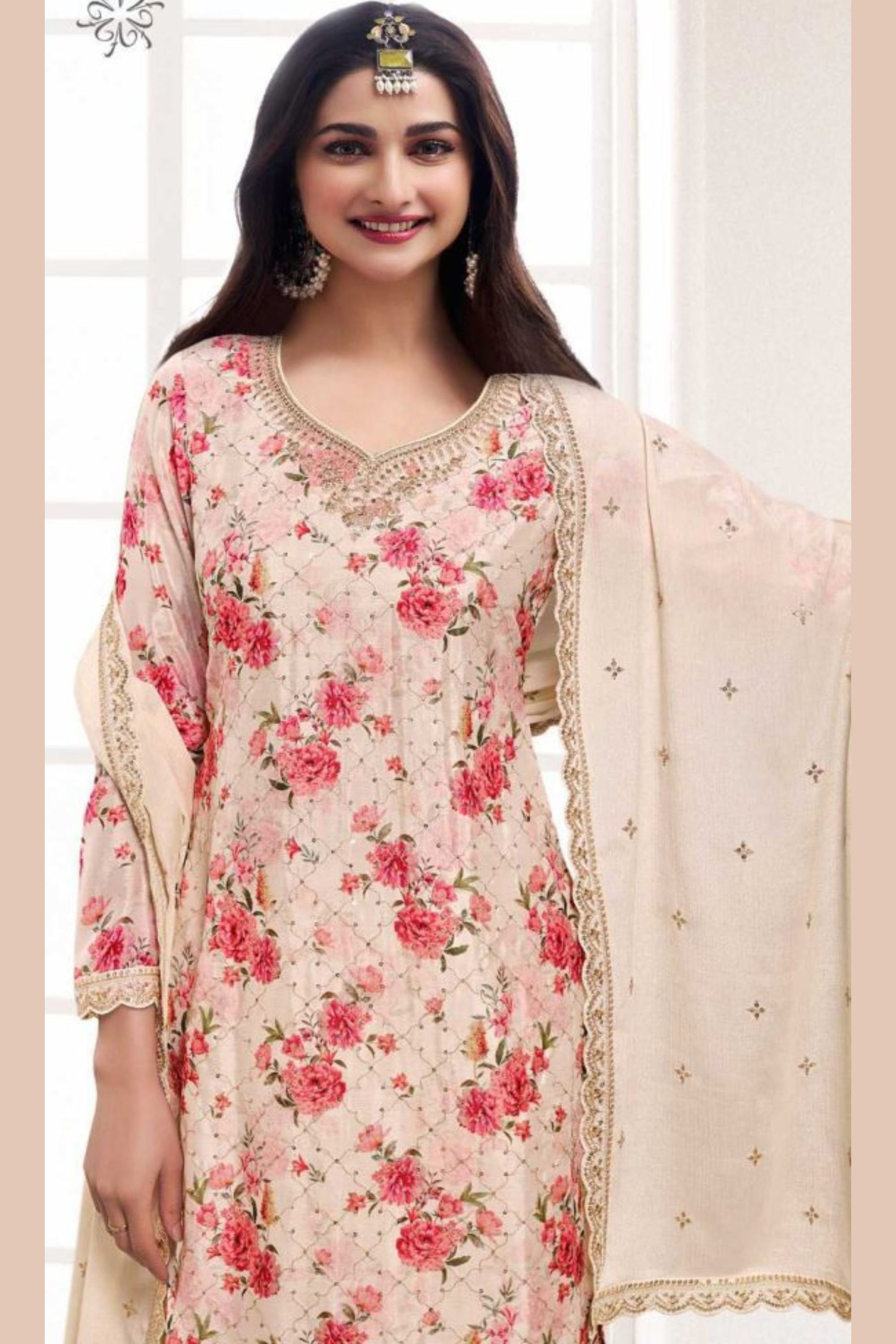 Ivory Chinon Silk Floral Plazo Suit For Indian Festivals & Pakistani Weddings Dress - Embroidery Work, Print Work