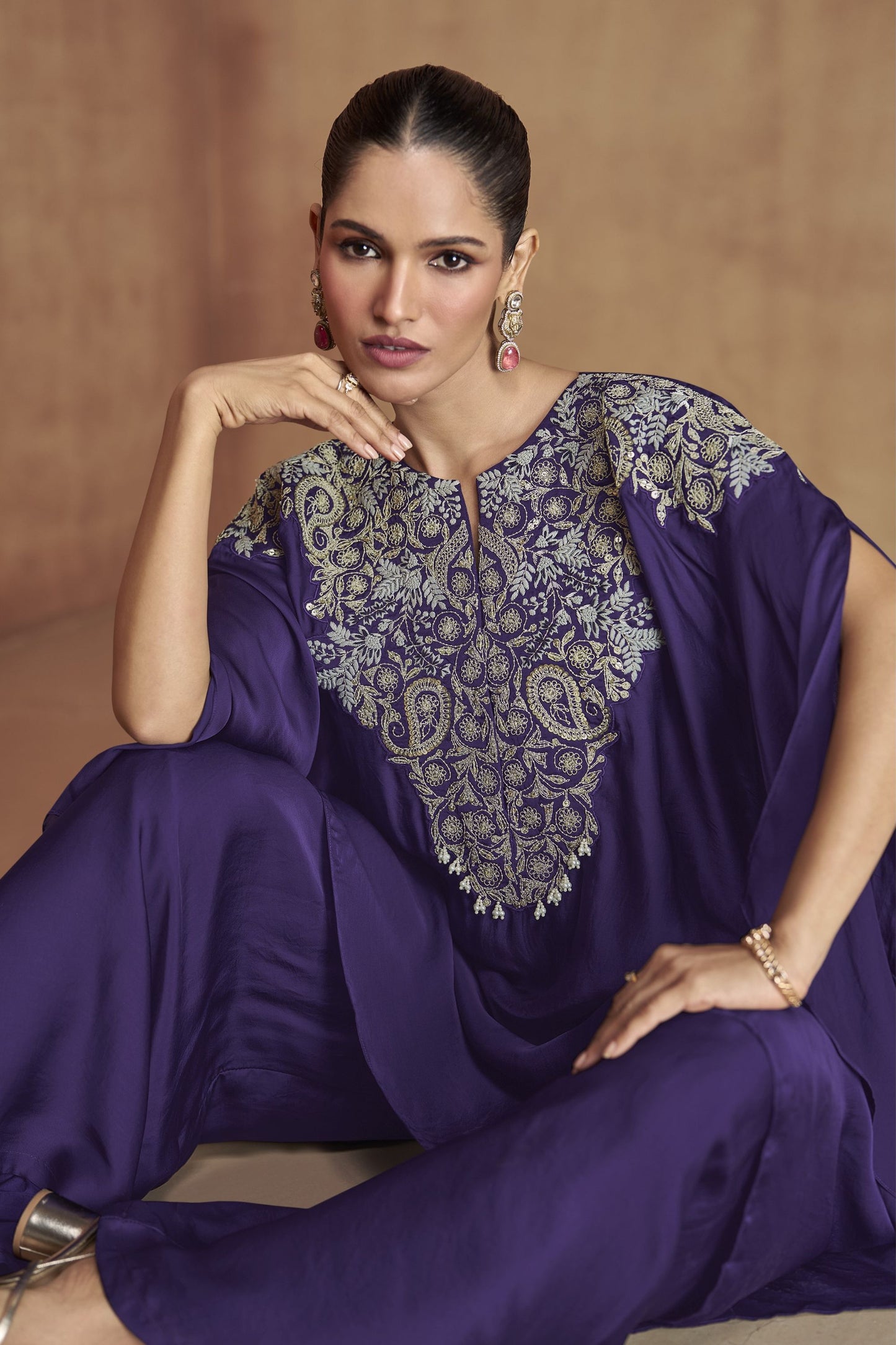 Blue Silk Kaftan Plazo Suit For Indian Weddings & Pakitani Festival - Embroidery Work