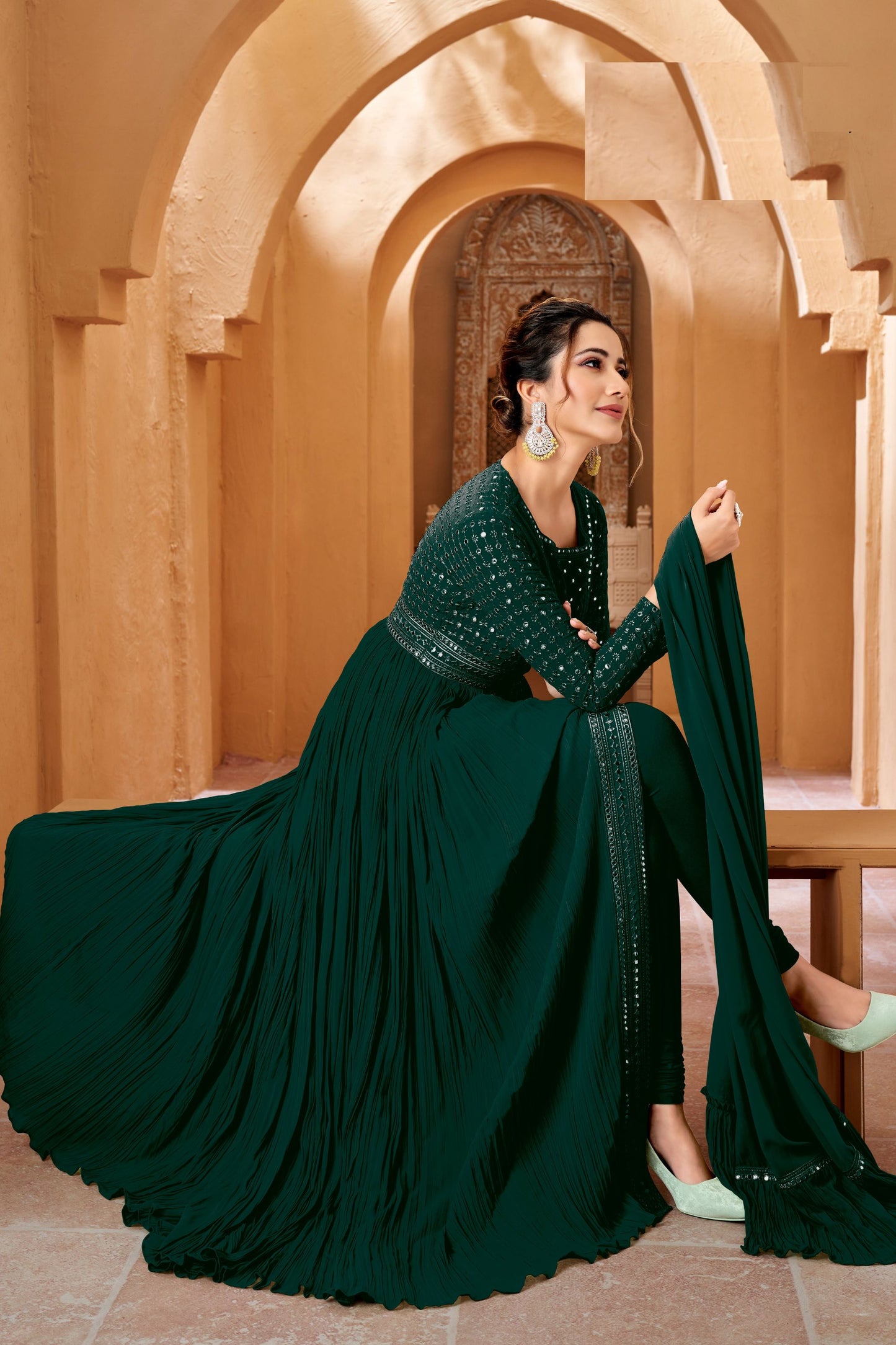 Green Crushed Georgette Full Floor Length Anarkali Gown For Indian Festivals & Weddings - Thread Embroidery Work, Mirror Work