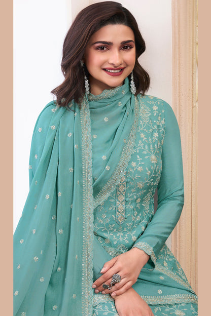 Turquoise Chinon Silk Long Kameez Suit with Pant and Dupatta For Indian Festivals & Weddings - Embroidery Work