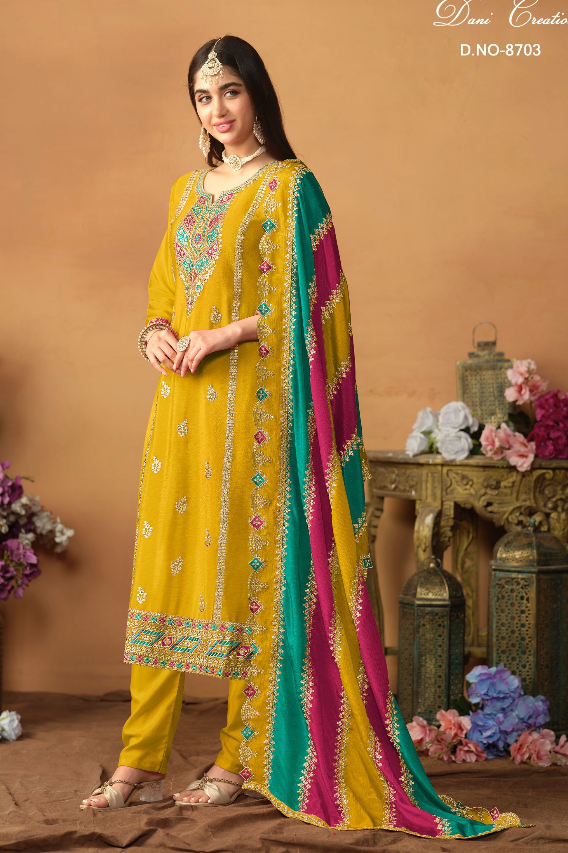 Yellow Chinon Silk Plus Size Upto 5XL Size Kameez Pant Suit For Indian Festival & Wedding - Thread Embroidery Work, Sequence Embroidery Work