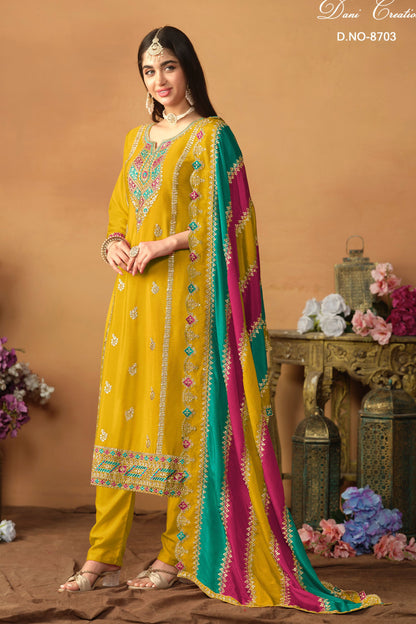 Yellow Chinon Silk Plus Size Upto 5XL Size Kameez Pant Suit For Indian Festival & Wedding - Thread Embroidery Work, Sequence Embroidery Work