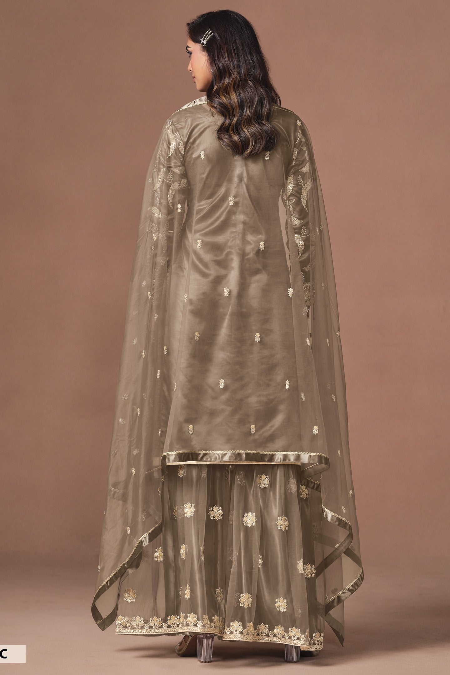 Light Brown Ladies Dress For Engagement - Sharara Suit With Embroidery