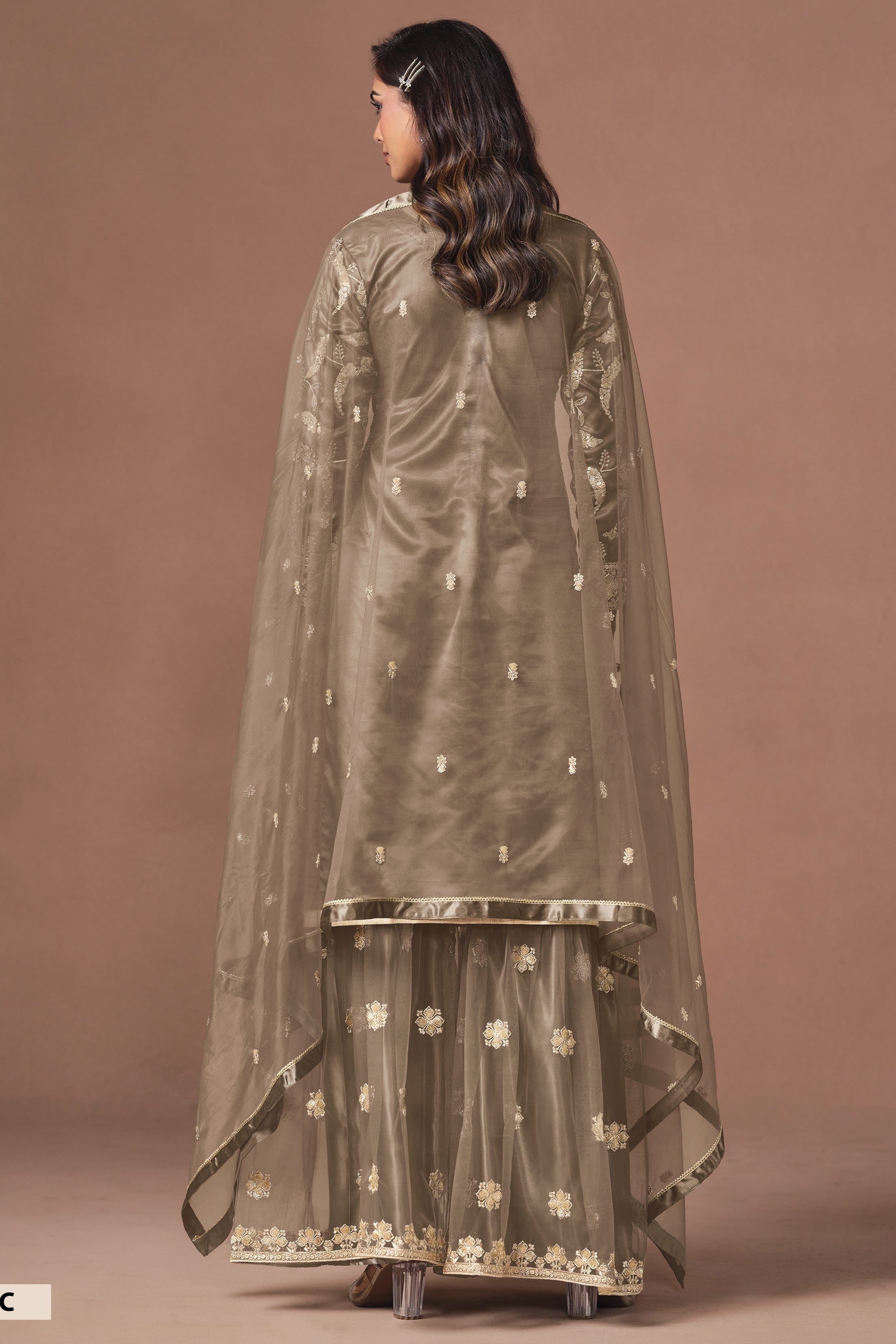 Light Brown Ladies Dress For Engagement - Sharara Suit With Embroidery