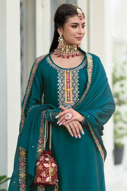 Teal Chinon Silk Kameez with Plazzo For Indian Suit Festivals & Pakistani Weddings - Embroidery Work