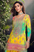 Yellow Chinon Silk Plazo Suits for Indian Festival & Pakistani Wedding - Embroidery Work