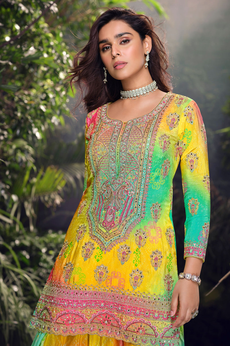 Yellow Chinon Silk Plazo Suits for Indian Festival & Pakistani Wedding - Embroidery Work