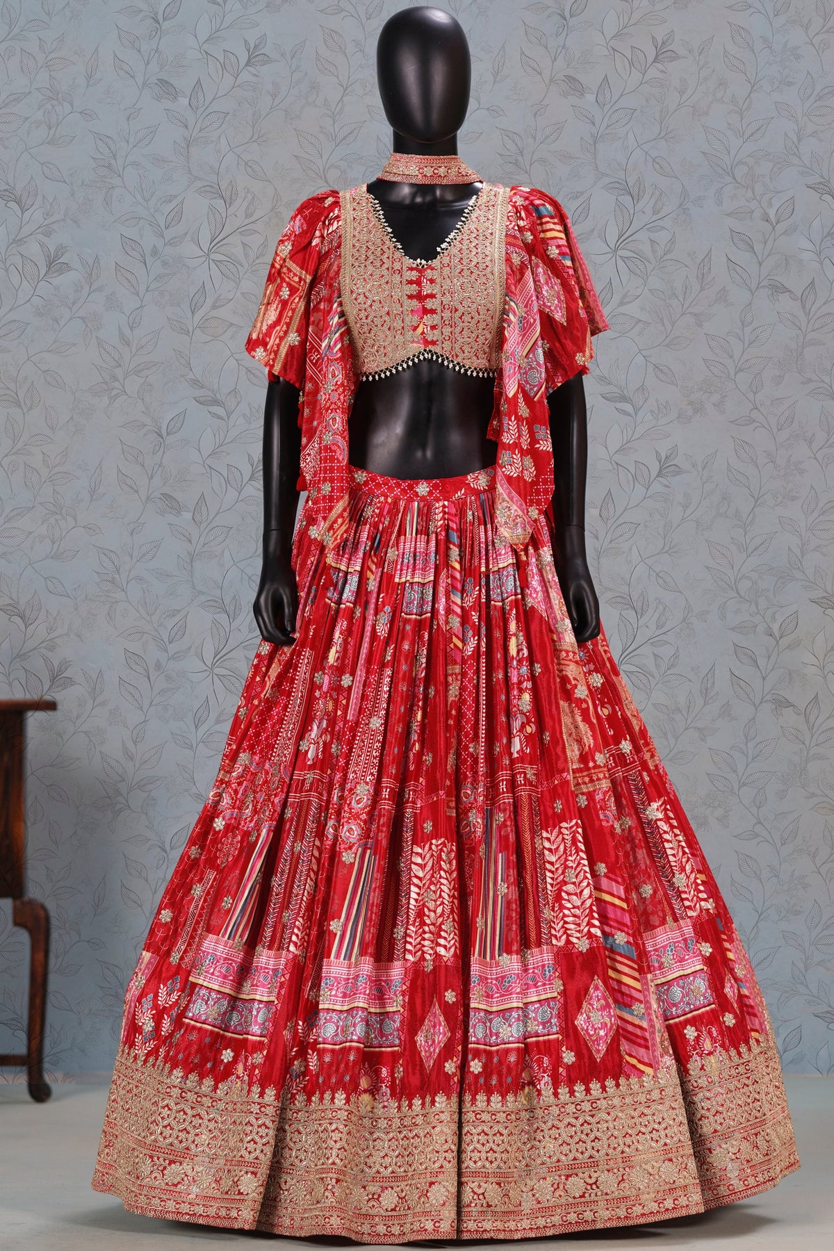 Red Chinon Silk Lehenga Choli For Indian & Pakistani Wedding Festival - Print Work, Dori Work, Zari Work