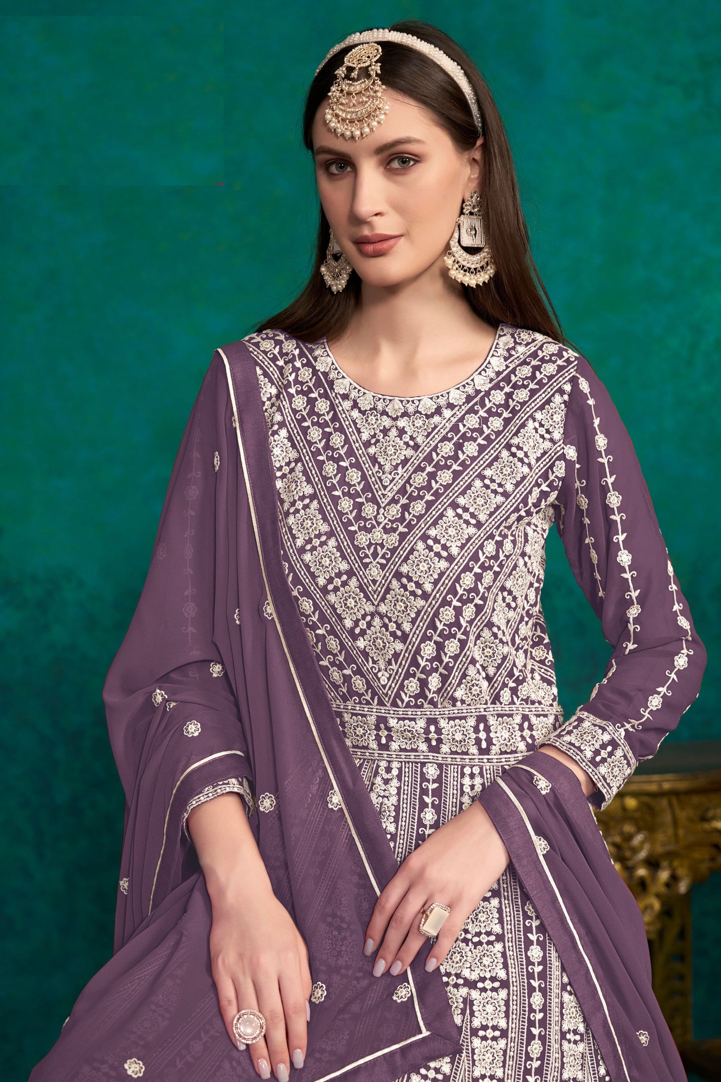 Purple Georgette Full Floor Length Anarkali Dress For Indian Festivals & Weddings - Lucknowi Work