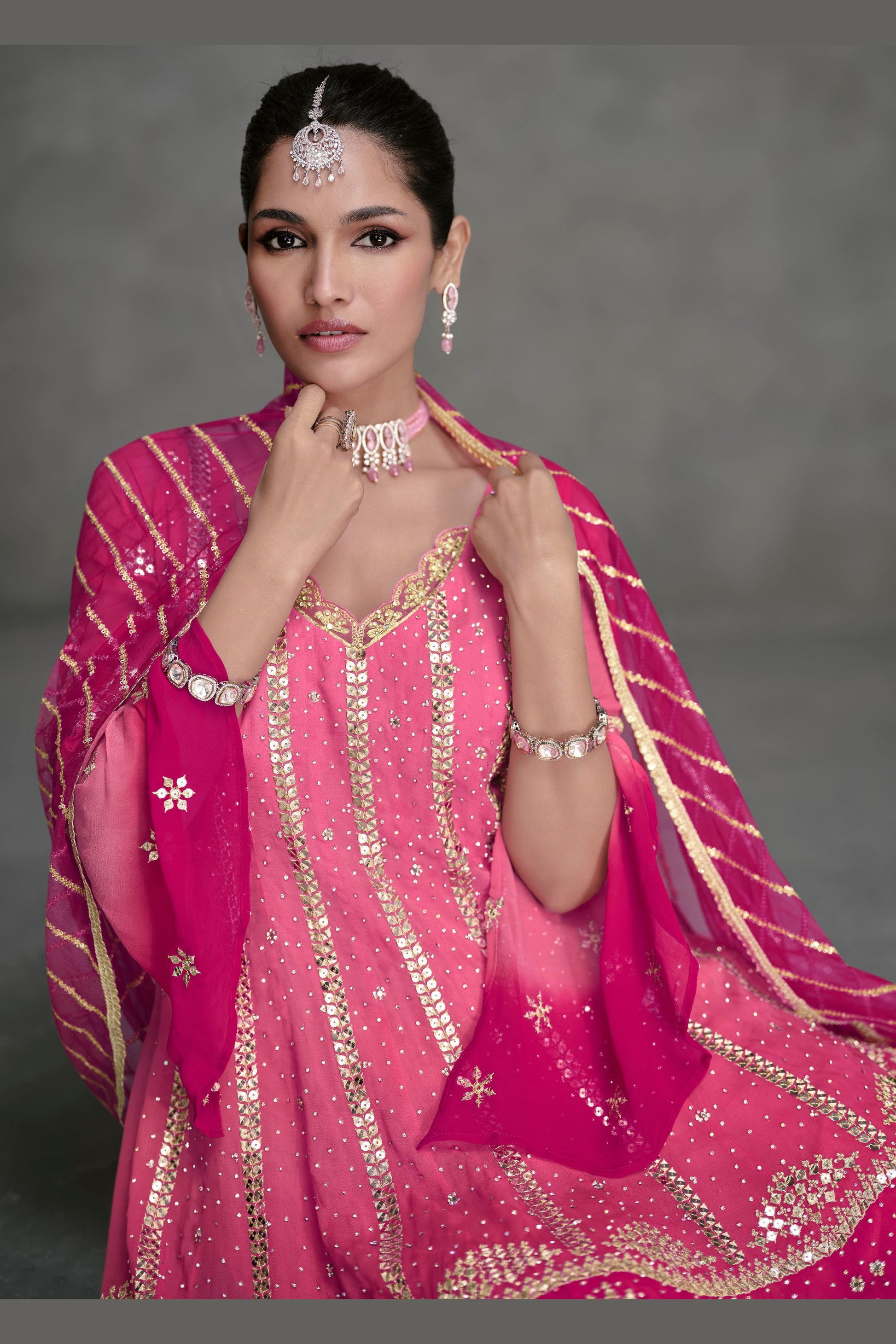 Pink Georgette Dual Tone Plazo Suit For Indian Festivals & Pakistani Weddings - Embroidery Work