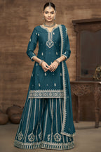 Dark Teal Chinon Silk Palazzo Suit For Indian Wedding & Pakistani Festival - Embroidery Work