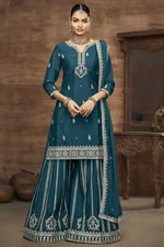 Teal Chinon Silk Palazzo Suit For Indian Wedding & Pakistani Festival - Embroidery Work