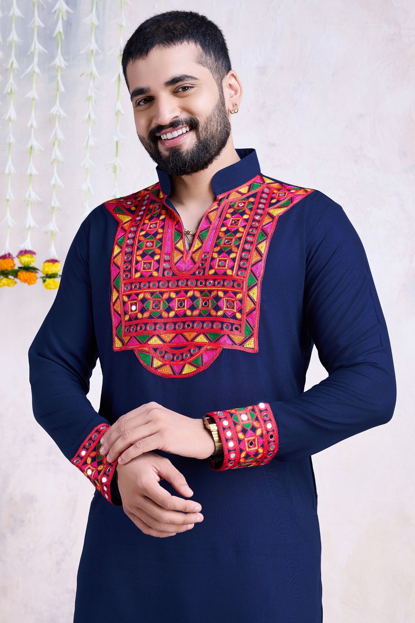 Navy Blue Rayon Kurta Pyjama for Men For Navratri Garba Festivals - Embroidery Work, Real Mirror Work