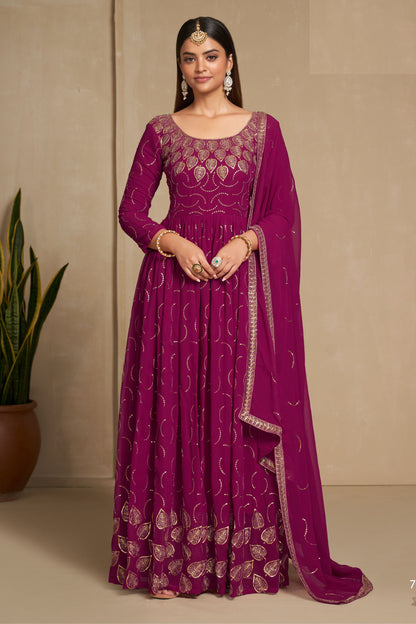 Pink Georgette Full Length Anarkali Gown For Indian Festivals & Weddings - Sequence Embroidery Work, Zari Work