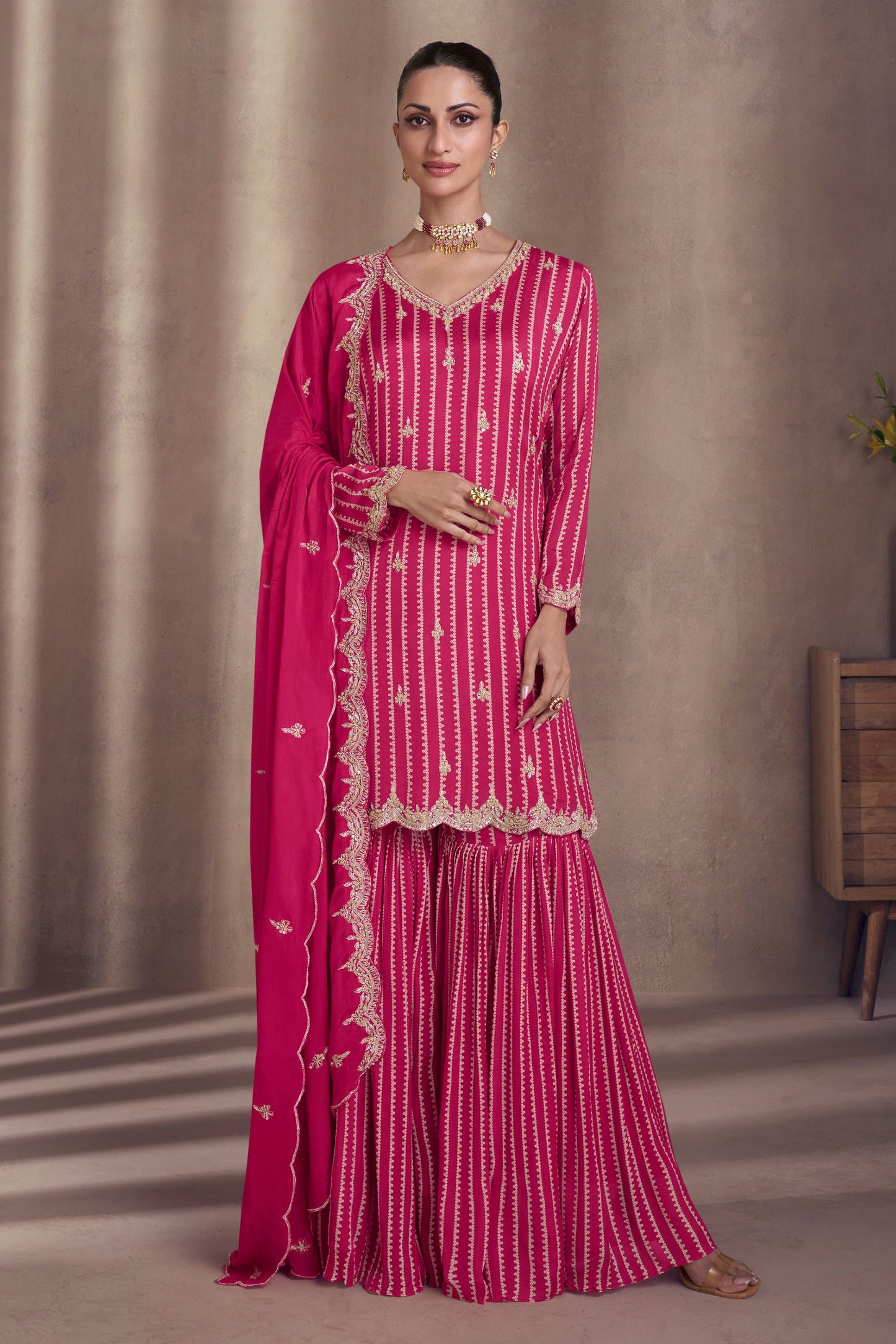 Pink Chinon Silk Sharara Suit for Indian Festival & Pakistani Wedding - Embroidery Work