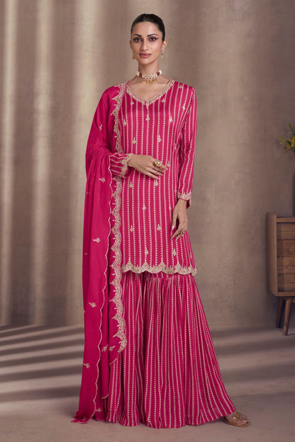 Pink Chinon Silk Sharara Suit for Indian Festival & Pakistani Wedding - Embroidery Work