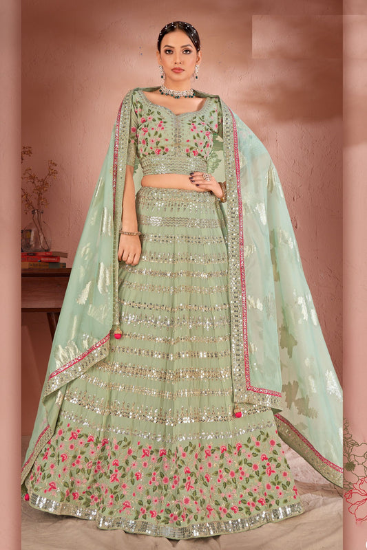 Pista Color Georgette Lehenga Choli For Indian Festivals & Wedding - Thread Embroidery Work, Sequence Embroidery Work