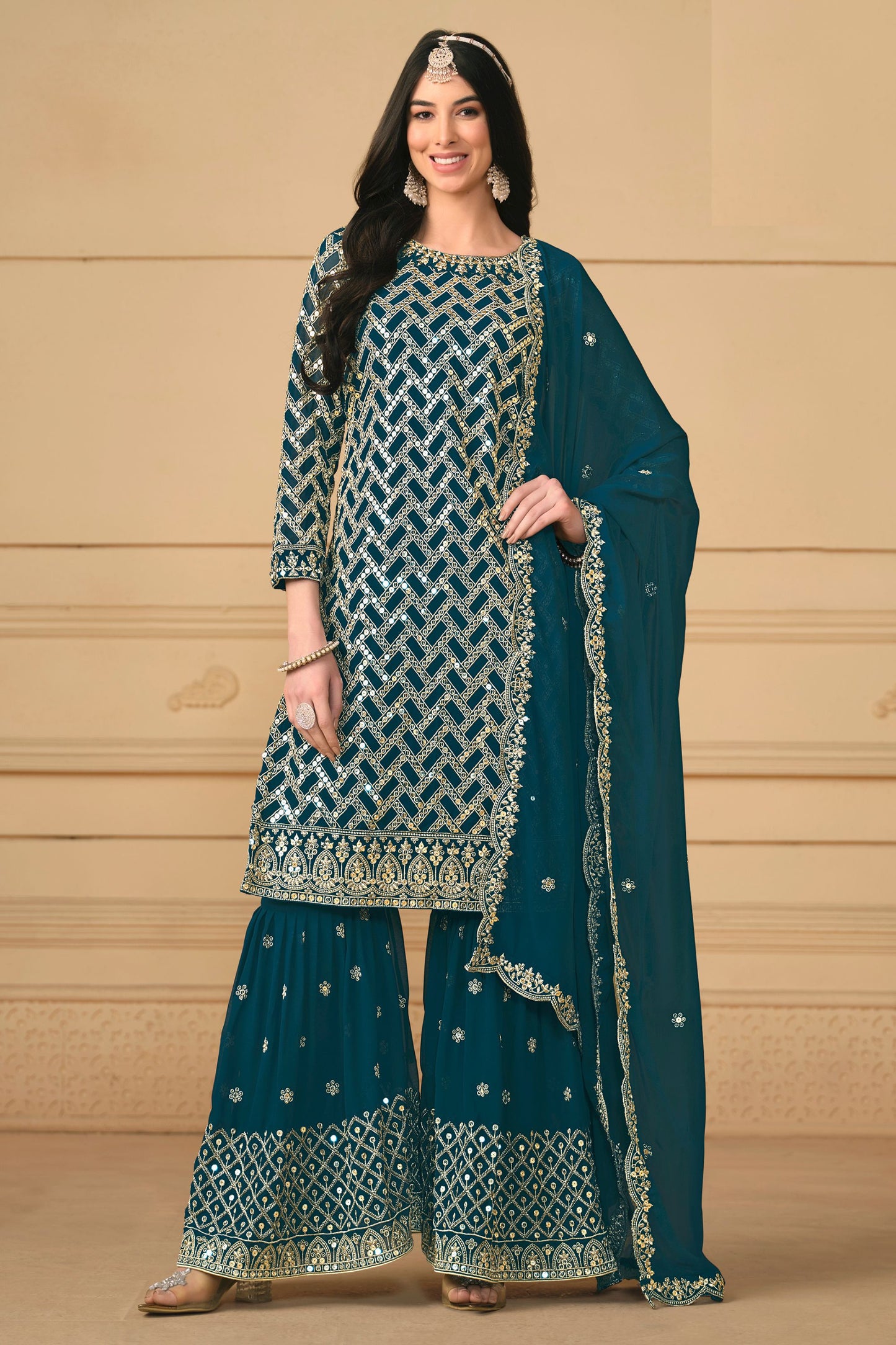 Teal Georgette Sharara Suit Dress For Indian Festivals & Weddings - Embroidery Work