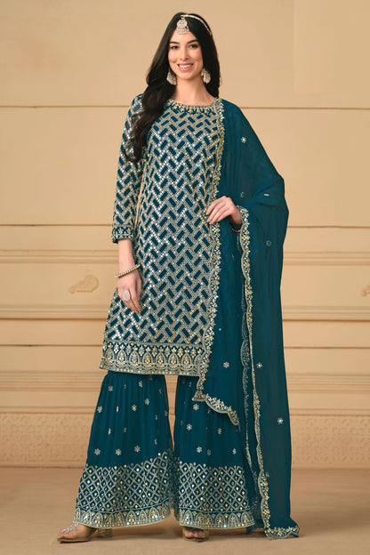 Teal Georgette Sharara Suit Dress For Indian Festivals & Weddings - Embroidery Work