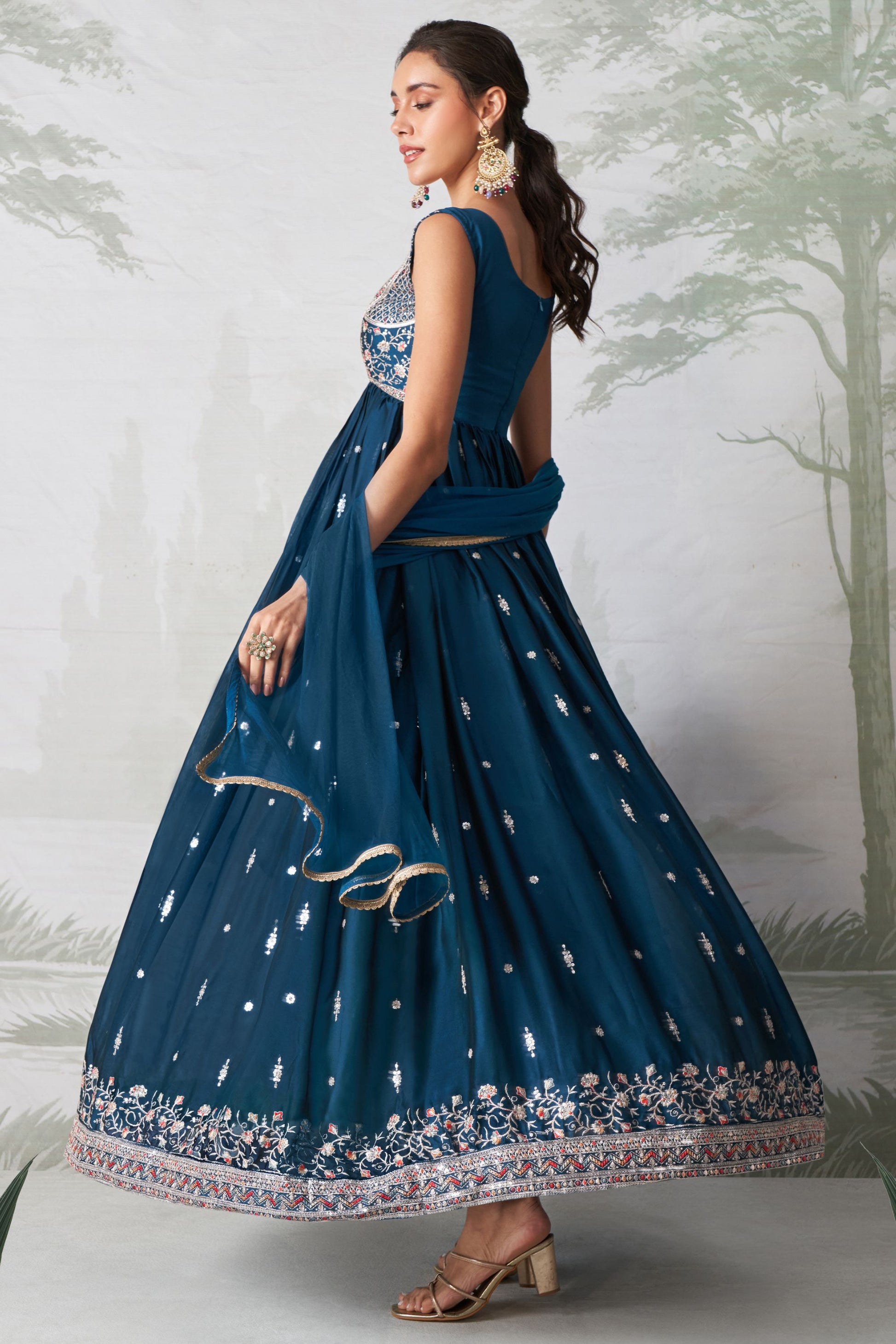 Teal Blue Georgette Anarkali Gown For Indian Festivals & Weddings - Thread Embroidery Work, Zari Work, Seqeuence Embroidery Work