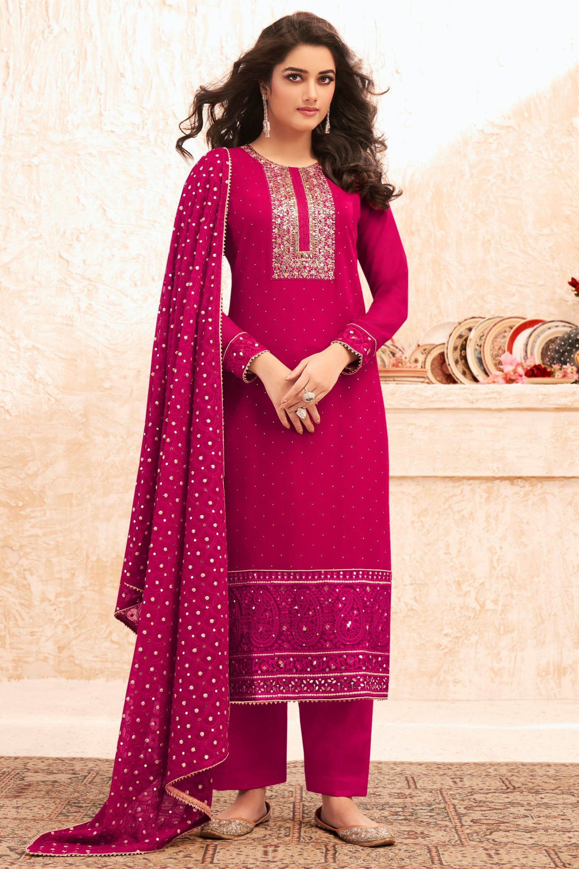 Dark Pink Georgette Kameez with Pant For Indian Suit Festivals & Weddings - Embroidery Work