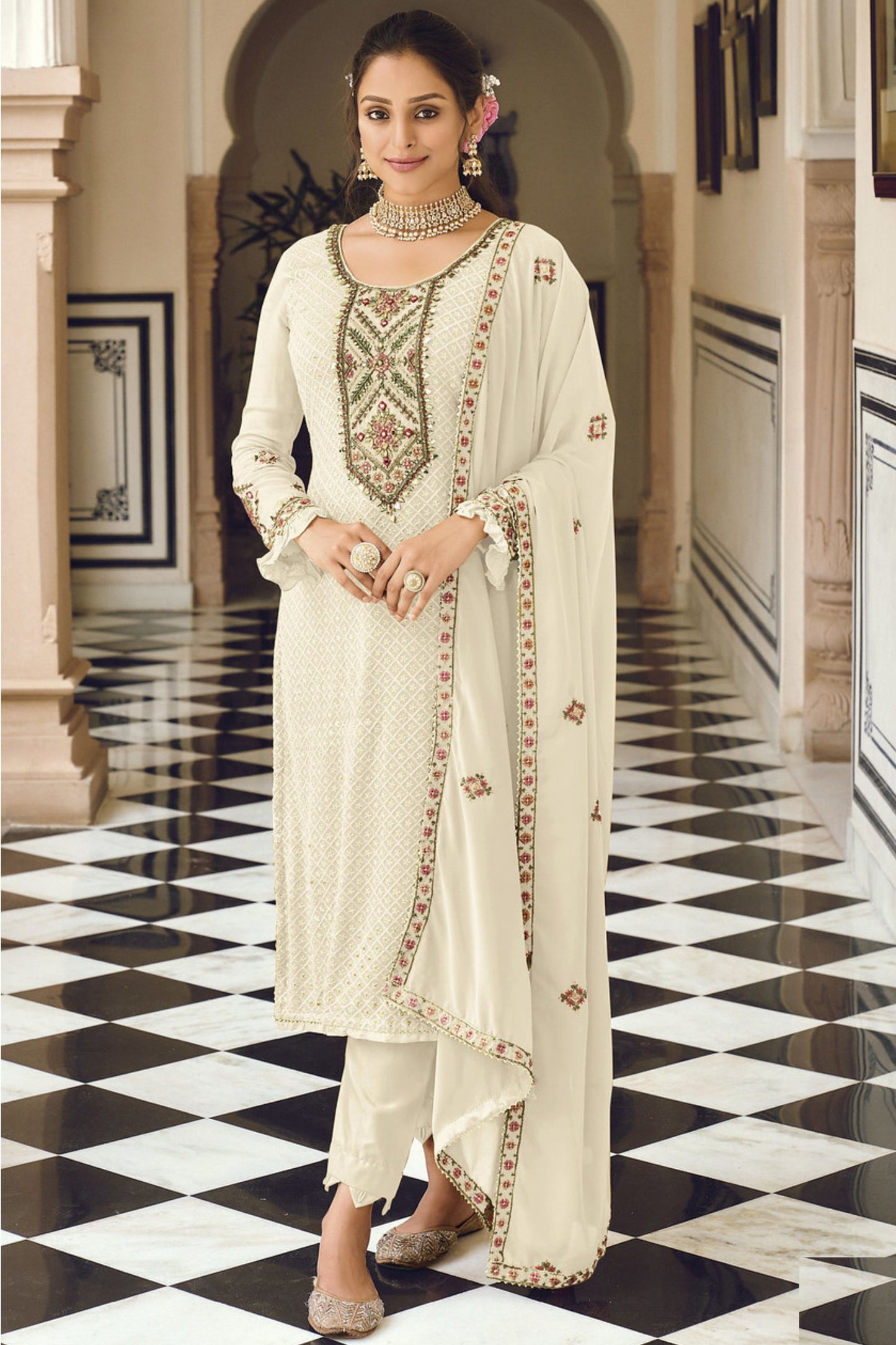 Off White Georgette Kameez with Pant For Indian Suit Festivals & Pakistani Weddings - Embroidery Work