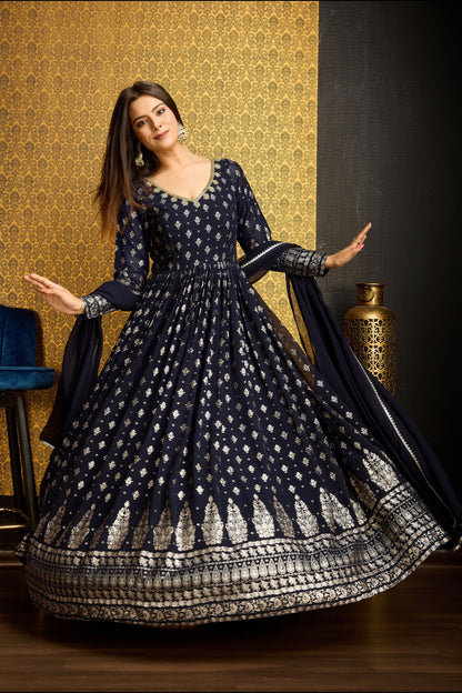 Navy Blue Georgette Anarkali Suit For Indian Festivals & Weddings - Metallic Foil Work