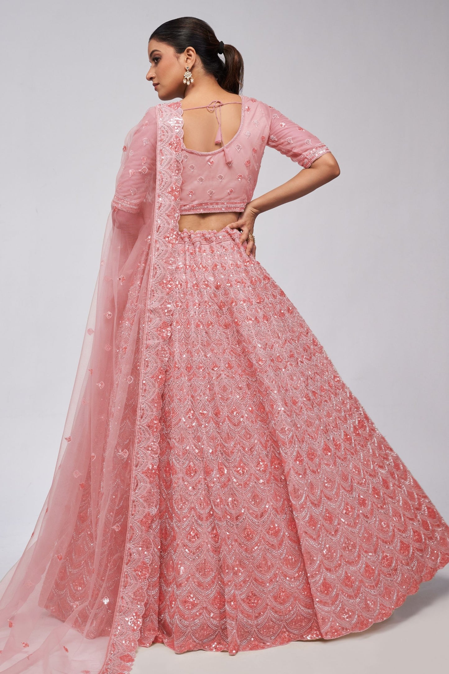 Odette Pink Soft Net Lehenga Choli For Indian Festivals & Weddings - Sequins Work, Bead Work, Zarkan Work