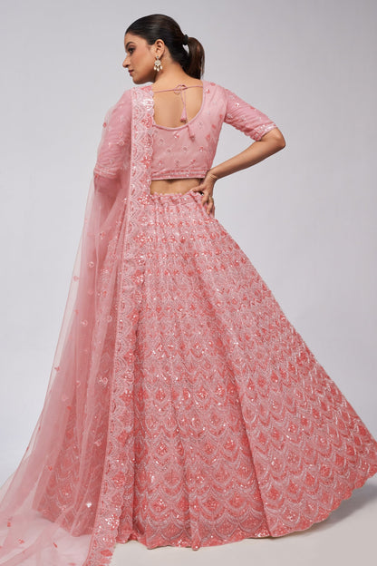 Odette Pink Soft Net Lehenga Choli For Indian Festivals & Weddings - Sequins Work, Bead Work, Zarkan Work