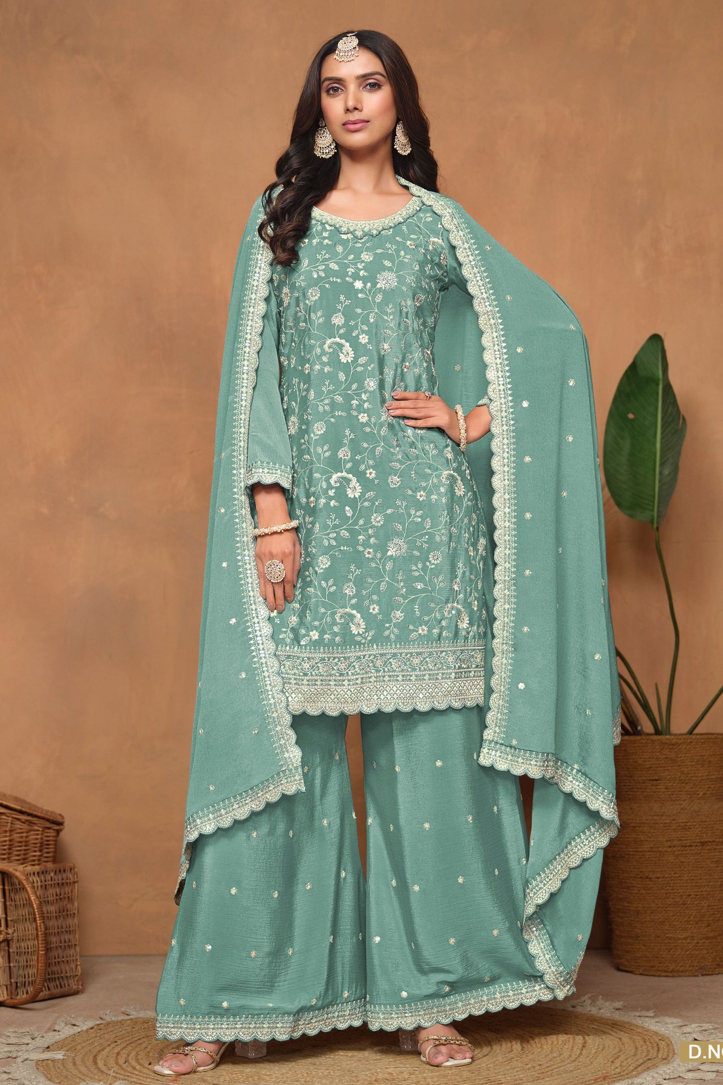 Turquoise Chinon Silk Palazzo Suit For Indian Festivals & Weddings - Embroidery Work