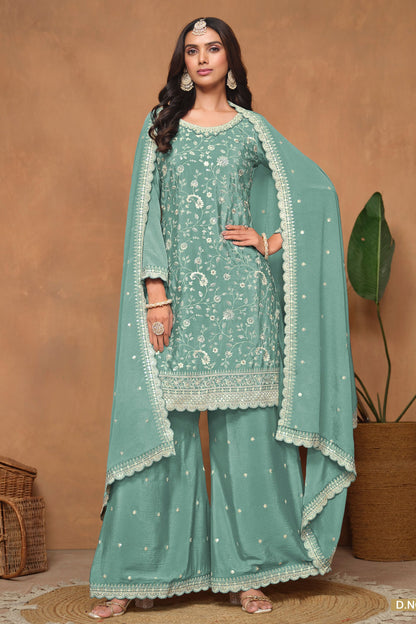 Turquoise Chinon Silk Palazzo Suit For Indian Festivals & Weddings - Embroidery Work