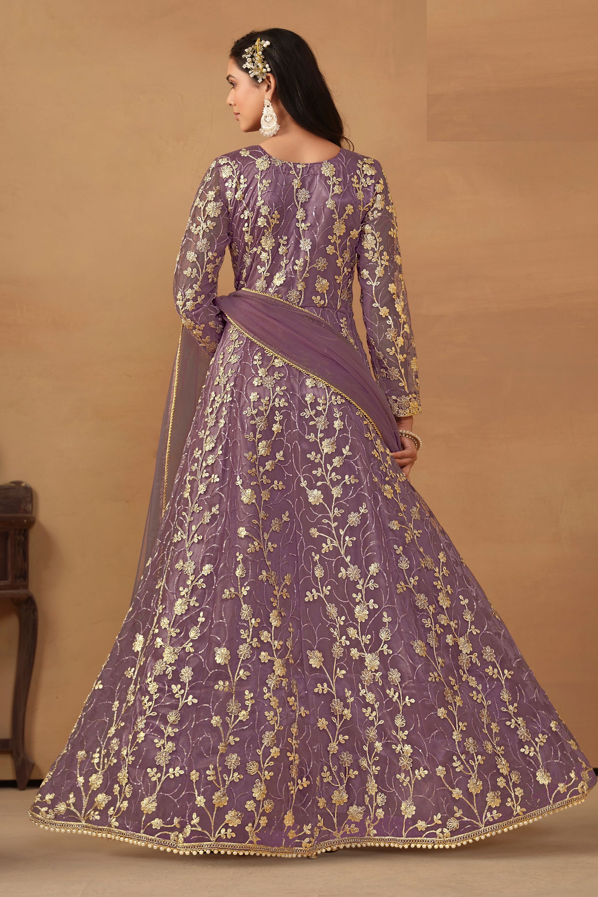 Purple Net Full Floor Length Anarkali Dress with Front Slit For Indian Festivals & Weddings - Thread & Sequence Embroidery Work