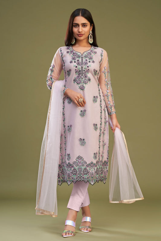 Pink Net Pakistani Salwar Kameez Suit For Indian Festivals & Weddings - Thread Embroidery Work