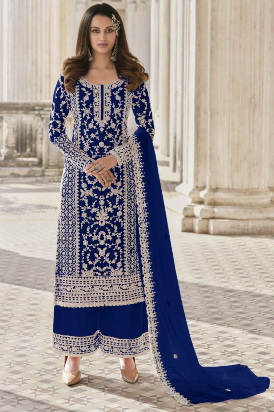 Blue Net & Cording Work Salwar Kameez Plazzo Suit For Indian Wedding & Festival - Embroidery Work, Cording Work