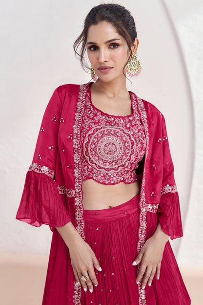 Reddish Pink Georgette Lehenga Choli with Koti For Wedding & Indian Festival - Embroidery Work