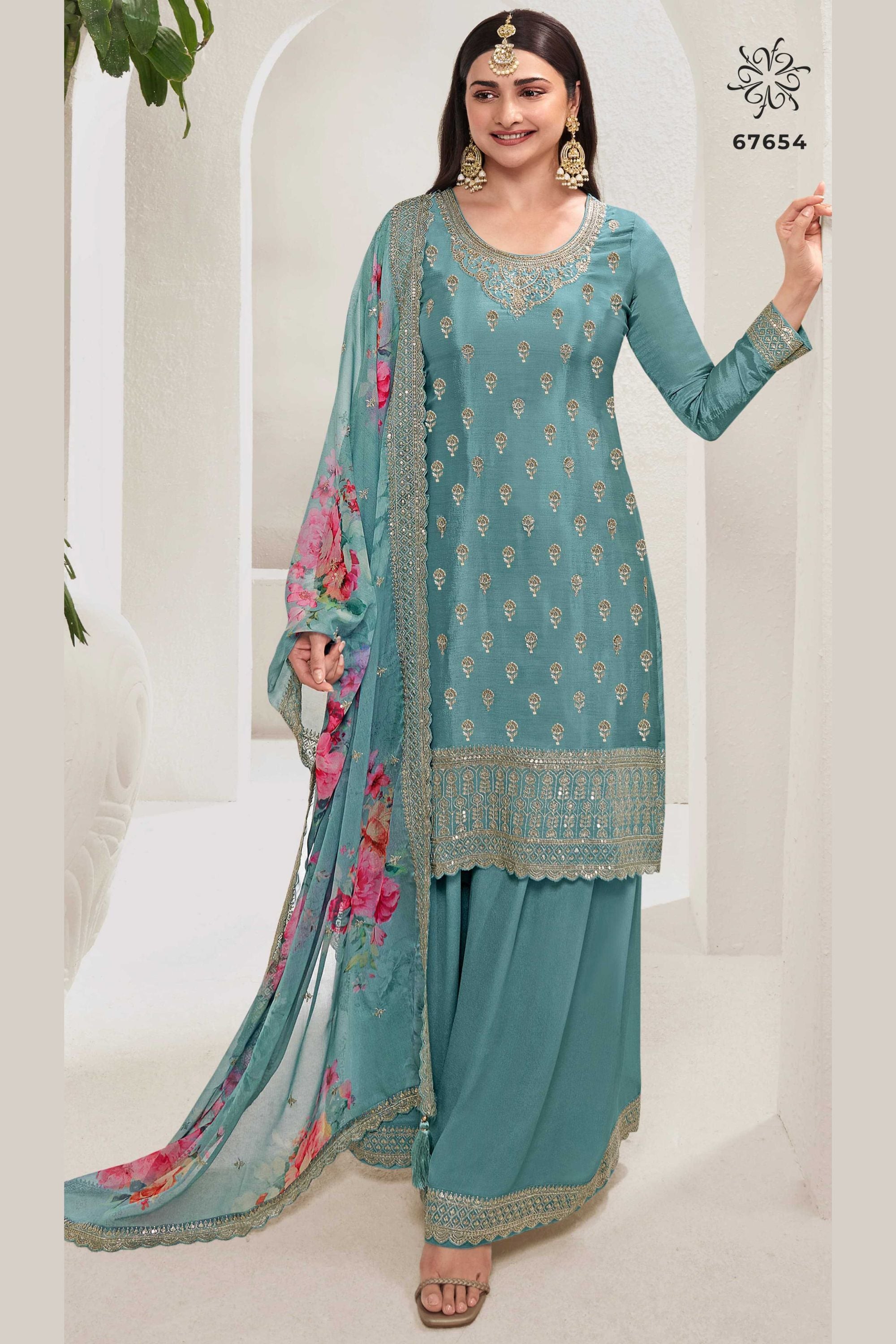 Light Green Chinon Silk Palazzo Suit For Indian Festivals Pakistani Plazo Weddings Dress Embroidery Work Print Work