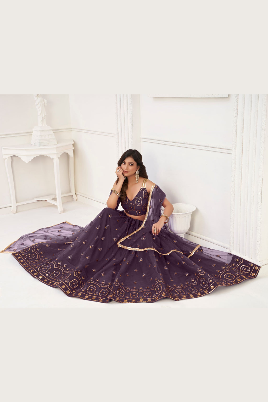 Dark Purple Net Lengha Choli For Indian Festivals & Pakistani Weddings Dress - Embroidery Work