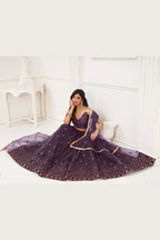 Dark Purple Net Lengha Choli For Indian Festivals & Pakistani Weddings Dress - Embroidery Work