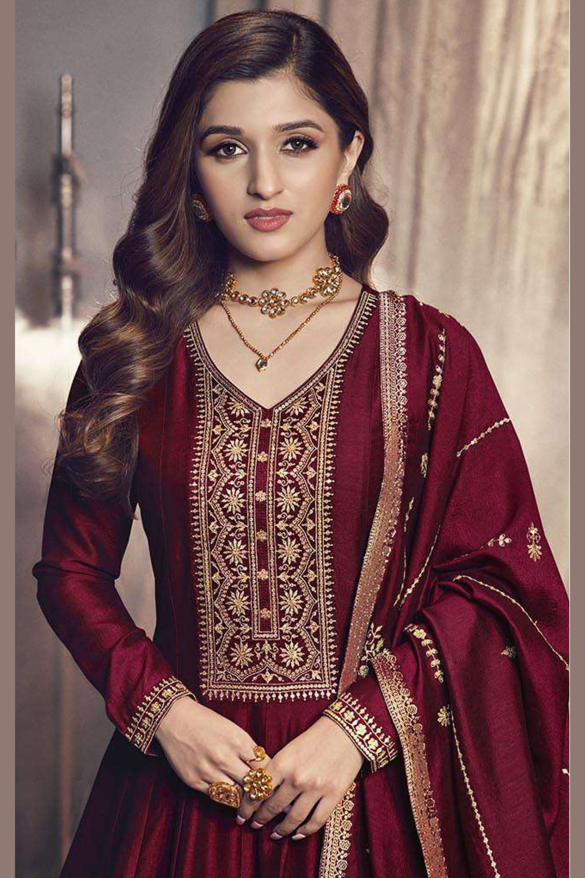 Maroon Georgette Silk Anarkali Suit For Indian Festivals & Pakistani Weddings Dress - Embroidery Work