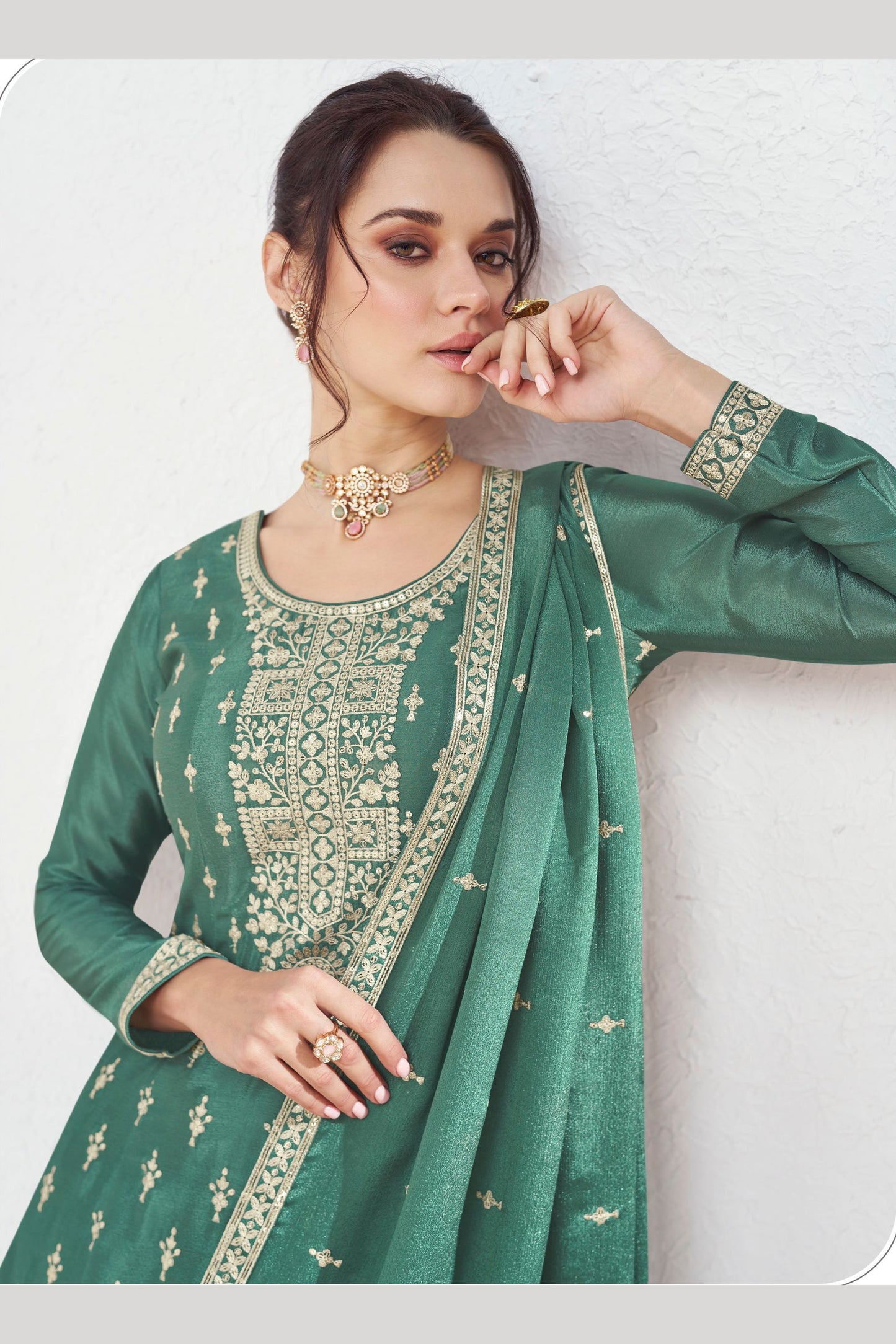 Green Chinon Silk Palazzo Suit For Indian Festival & Pakistani Weddings - Embroidery Work