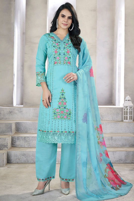 Sky Blue Viscose Silk Kameez with Pant Suit For Indian Festivals & Pakistani Weddings - Embroidery Work. Print Work