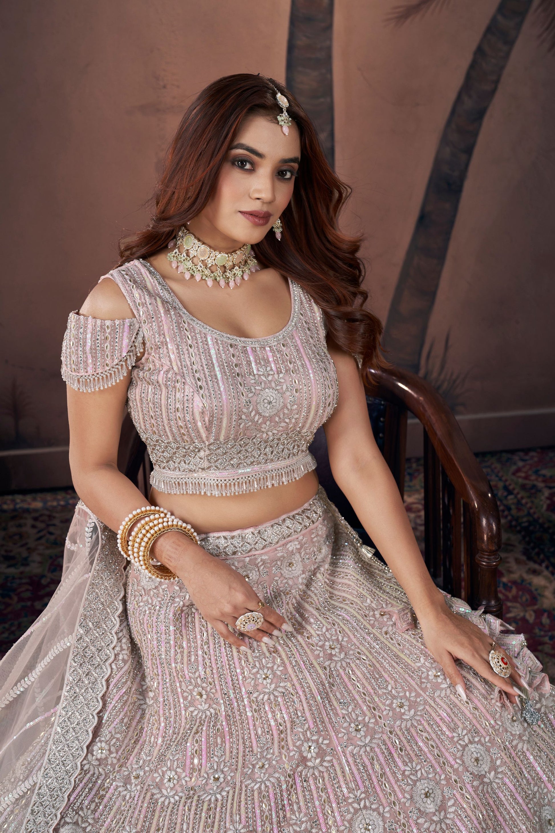 Peach Net Lehenga Choli For Indian Festivals & Wedding - Zarkan Work, Sequence Embroidery Work, Khatli Work